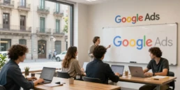 Reunión de un equipo de marketing digital planificando campañas de Google Ads en una oficina, imagen representativa de las 10 mejores agencias SEM Google Ads en Barcelona
