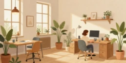 Ilustración de un espacio creativo bañado por luz natural donde nacen ideas y palabras, una escena que evoca el trabajo artesanal de las 5 mejores agencias de copywriting en Barcelona, centradas en la creatividad, la calma y la inspiración diaria.