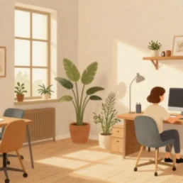 Ilustración de un espacio creativo bañado por luz natural donde nacen ideas y palabras, una escena que evoca el trabajo artesanal de las 5 mejores agencias de copywriting en Barcelona, centradas en la creatividad, la calma y la inspiración diaria.