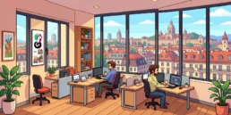 Ilustración de una oficina creativa con vistas a Barcelona donde equipos trabajan en campañas visuales y dinámicas, una escena que refleja la energía digital y el enfoque innovador de las 8 mejores agencias TikTok Ads en Barcelona, conectando creatividad, datos y cultura urbana