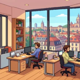 Ilustración de una oficina creativa con vistas a Barcelona donde equipos trabajan en campañas visuales y dinámicas, una escena que refleja la energía digital y el enfoque innovador de las 8 mejores agencias TikTok Ads en Barcelona, conectando creatividad, datos y cultura urbana