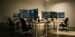 Espacio de trabajo dominado por pantallas repletas de gráficos y métricas en tiempo real, una escena que simboliza cómo las mejores agencias de analítica web en Barcelona transforman datos complejos en decisiones estratégicas y crecimiento digital sostenido