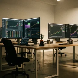 Espacio de trabajo dominado por pantallas repletas de gráficos y métricas en tiempo real, una escena que simboliza cómo las mejores agencias de analítica web en Barcelona transforman datos complejos en decisiones estratégicas y crecimiento digital sostenido