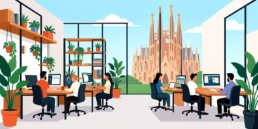 Ilustración de un estudio digital con equipos diseñando interfaces frente a la Sagrada Familia, una escena que simboliza creatividad, tecnología y experiencia de usuario, valores clave de las mejores agencias de diseño web en Barcelona