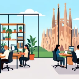Ilustración de un estudio digital con equipos diseñando interfaces frente a la Sagrada Familia, una escena que simboliza creatividad, tecnología y experiencia de usuario, valores clave de las mejores agencias de diseño web en Barcelona