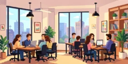 Ilustración de un equipo colaborando en estrategias publicitarias digitales dentro de una oficina luminosa, una escena que refleja planificación, creatividad y optimización constante, esencia del trabajo de las mejores agencias Meta Ads en Barcelona para escalar marcas en redes sociales