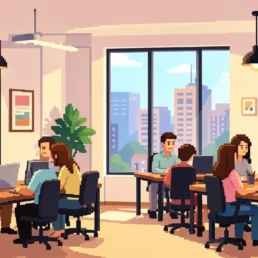 Ilustración de un equipo colaborando en estrategias publicitarias digitales dentro de una oficina luminosa, una escena que refleja planificación, creatividad y optimización constante, esencia del trabajo de las mejores agencias Meta Ads en Barcelona para escalar marcas en redes sociales