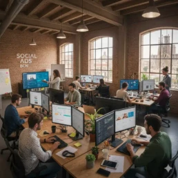 Equipo de especialistas trabajando en campañas digitales dentro de un loft creativo en Barcelona, una escena que refleja estrategia, colaboración y rendimiento, valores que definen a las mejores agencias Social Ads en Barcelona en la gestión de publicidad en redes sociales