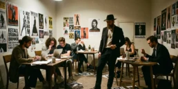 Escena creativa en un estudio donde diseñadores y estrategas dan forma a ideas visuales rodeados de referencias culturales, una imagen que captura el espíritu innovador y artístico de las top 10 mejores agencias creativas en Madrid, donde la creatividad se convierte en impacto de marca