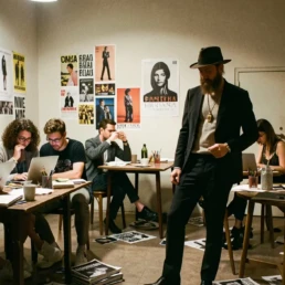 Escena creativa en un estudio donde diseñadores y estrategas dan forma a ideas visuales rodeados de referencias culturales, una imagen que captura el espíritu innovador y artístico de las top 10 mejores agencias creativas en Madrid, donde la creatividad se convierte en impacto de marca