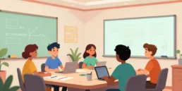 Ilustración de un equipo creativo reunido alrededor de una mesa dando forma a ideas y campañas, una escena que representa la colaboración, la estrategia y la visión que caracterizan a las top 10 mejores agencias de publicidad en Madrid en la creación de mensajes que conectan con las marcas y su público