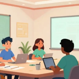 Ilustración de un equipo creativo reunido alrededor de una mesa dando forma a ideas y campañas, una escena que representa la colaboración, la estrategia y la visión que caracterizan a las top 10 mejores agencias de publicidad en Madrid en la creación de mensajes que conectan con las marcas y su público