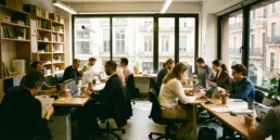 Equipo multidisciplinar trabajando de forma coordinada en un espacio abierto, una escena que refleja experimentación, análisis y crecimiento continuo, esencia del enfoque estratégico de las top 7 agencias de growth marketing en Barcelona para escalar negocios digitales