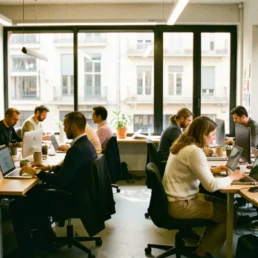 Equipo multidisciplinar trabajando de forma coordinada en un espacio abierto, una escena que refleja experimentación, análisis y crecimiento continuo, esencia del enfoque estratégico de las top 7 agencias de growth marketing en Barcelona para escalar negocios digitales
