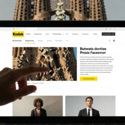 Mano interactuando con una web de contenidos frente al paisaje urbano de Barcelona, una escena que simboliza cómo las top agencias de marketing de contenidos en Barcelona convierten historias, diseño y estrategia digital en experiencias que capturan la atención y construyen marca.