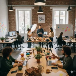 Equipo creativo trabajando en una oficina dinámica de Barcelona, entre ordenadores, cámaras y pizarras, una escena que refleja cómo las top agencias de social media en Barcelona combinan estrategia, contenido y comunidad para hacer crecer marcas en redes sociales
