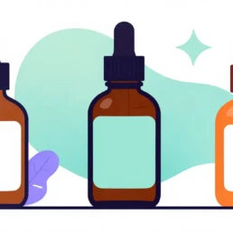 Tres frascos con gotero de distintos tamaños y colores aparecen sobre un fondo claro con detalles botánicos y formas orgánicas, en una composición minimalista que sugiere aromas, sensaciones y el universo de las mejores agencias de marketing olfativo.